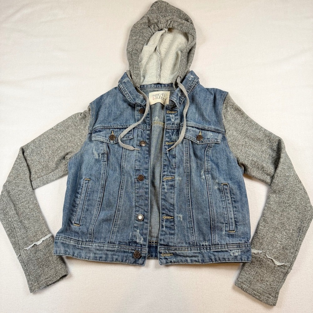 Thread & Supply Denim Jacket Gray Knit Hooded Mixed Media Distressed Blue M